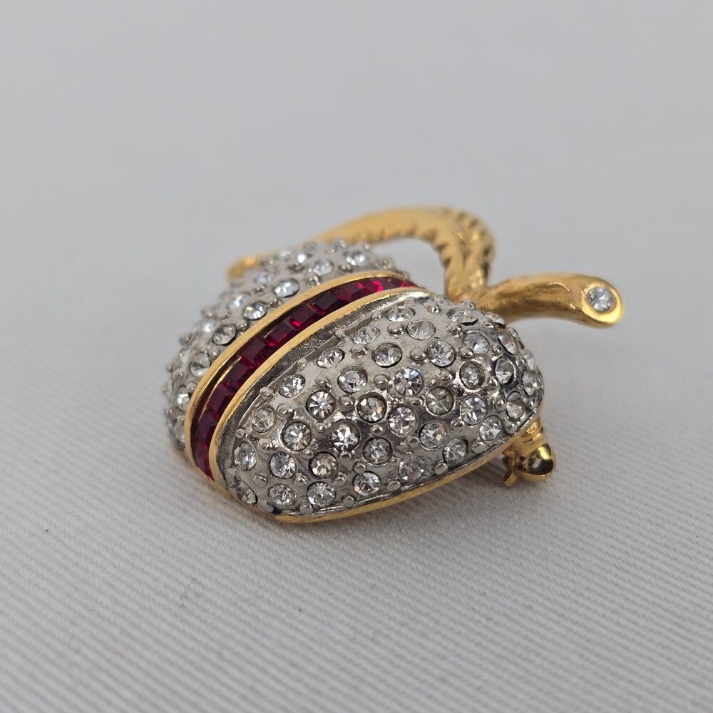 Vintage Butler Apple Brooch Gold Tone Rhinestone Crystal Fruit Pin Red Stripe - Picture 2 of 5